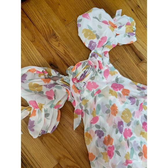 For Love & Lemons Petal‎ Midi Dress Floral Size XXS Short Sleeve Asymmetrical - Picture 8 of 9